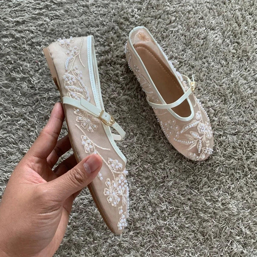 Premium Mesh Embroidered Mary Jane Ballet Flats - Breathable Comfort Ballet Shoes ✨