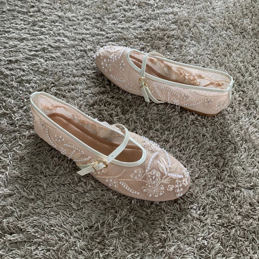 Premium Mesh Embroidered Mary Jane Ballet Flats - Breathable Comfort Ballet Shoes ✨
