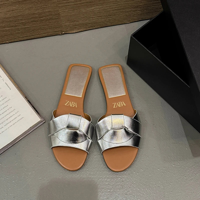 Premium Designer Criss-Cross Leather Slides - Flat Chic Summer Sandals ✨