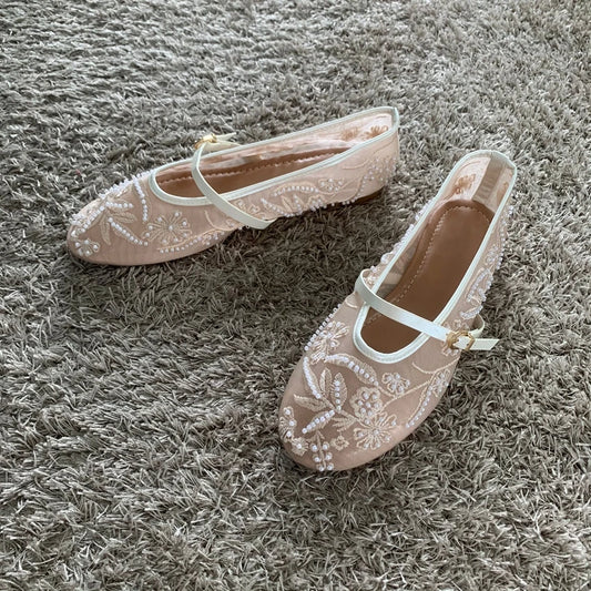 Premium Mesh Embroidered Mary Jane Ballet Flats - Breathable Comfort Ballet Shoes ✨