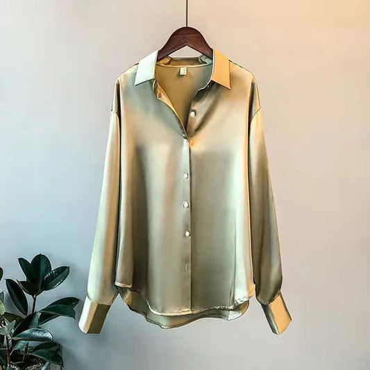 Luxury Silk-Satin Button-Down Shirt – Belléra™ Elegant High-Street Office Blouse 🇬🇧✨