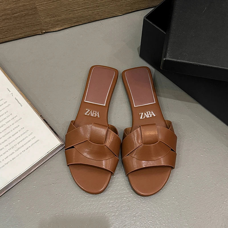 Premium Designer Criss-Cross Leather Slides - Flat Chic Summer Sandals ✨