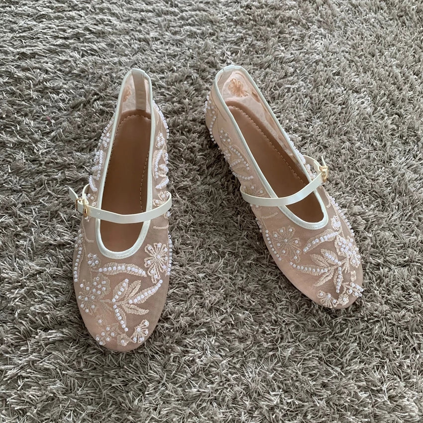 Premium Mesh Embroidered Mary Jane Ballet Flats - Breathable Comfort Ballet Shoes ✨