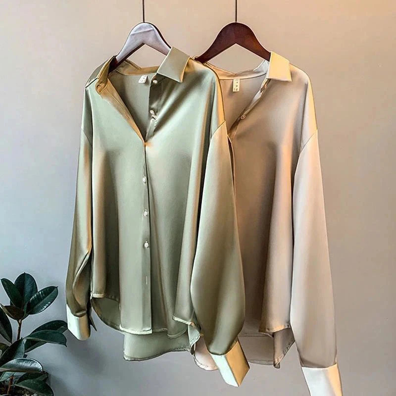 Luxury Silk-Satin Button-Down Shirt – Belléra™ Elegant High-Street Office Blouse 🇬🇧✨