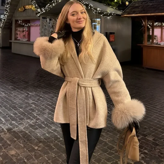 Luxury Faux Fur Trim Wool Coat – Belléra™ Elegant Tie-Waist Winter Cardigan 🇬🇧✨