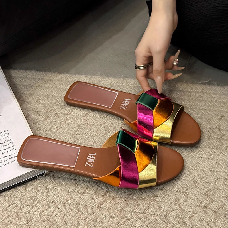 Premium Designer Criss-Cross Leather Slides - Flat Chic Summer Sandals ✨