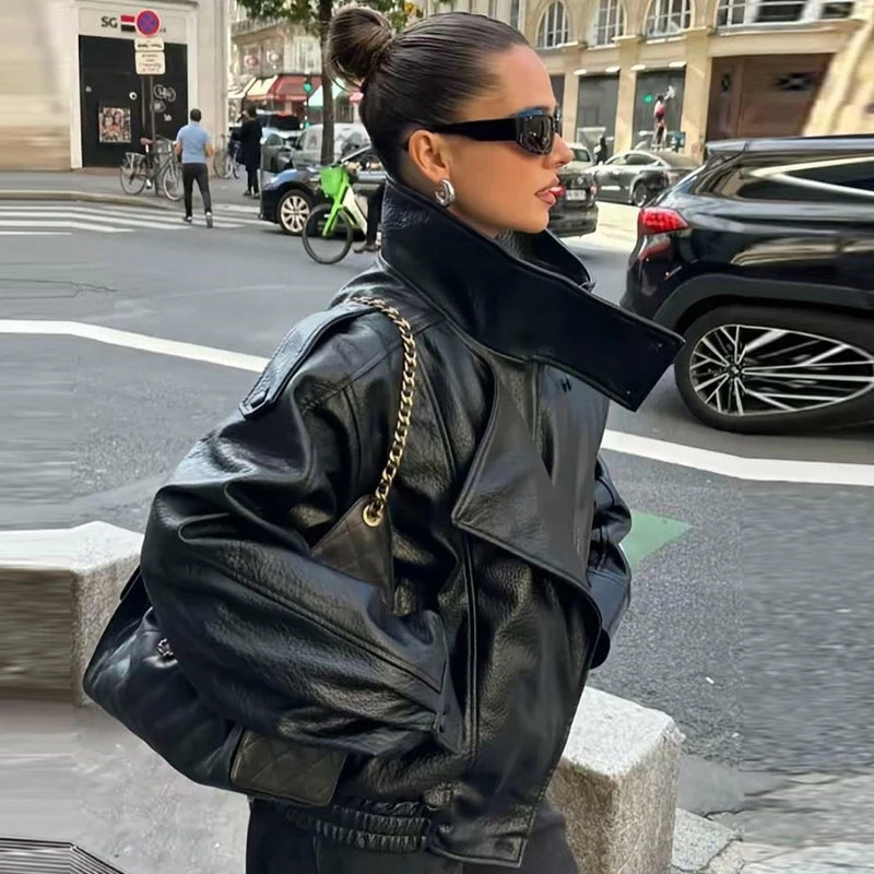 Vintage Faux Leather Bomber Jacket – Belléra™ Oversized Biker Crop Coat 🇬🇧✨