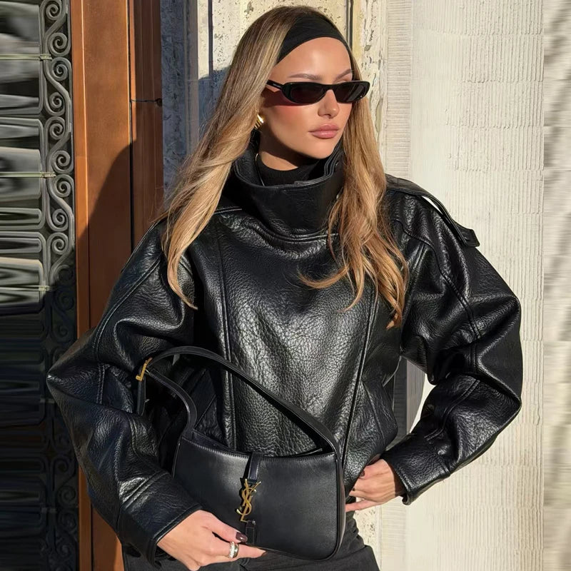 Vintage Faux Leather Bomber Jacket – Belléra™ Oversized Biker Crop Coat 🇬🇧✨