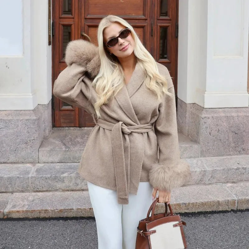 Luxury Faux Fur Trim Wool Coat – Belléra™ Elegant Tie-Waist Winter Cardigan 🇬🇧✨