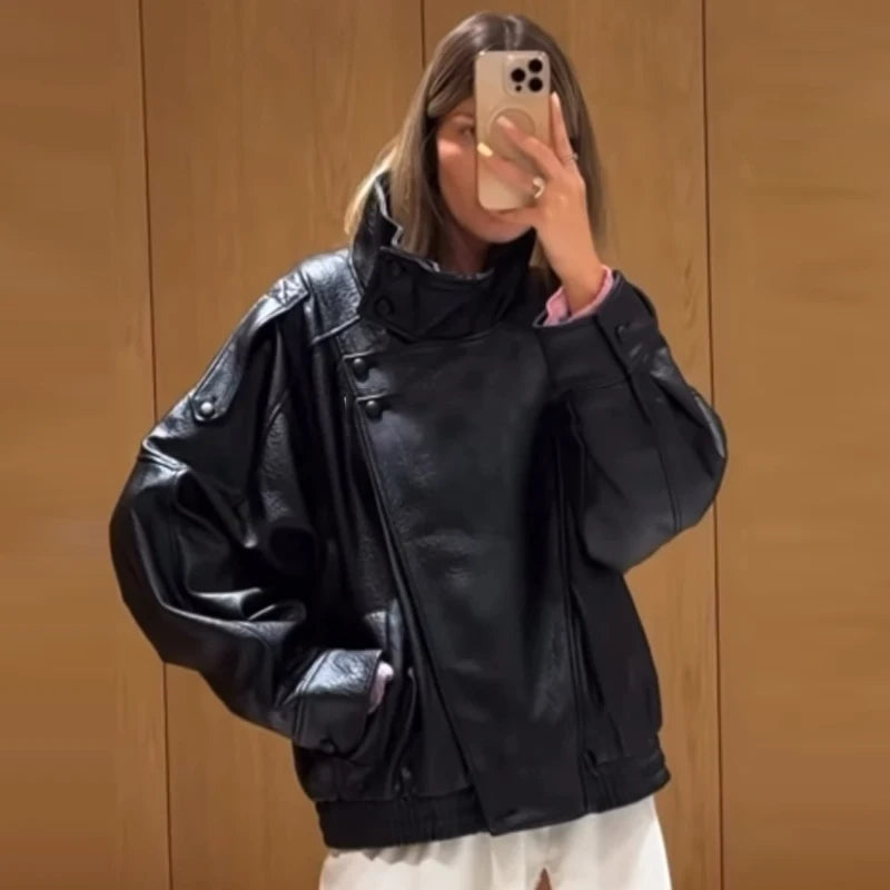 Vintage Faux Leather Bomber Jacket – Belléra™ Oversized Biker Crop Coat 🇬🇧✨